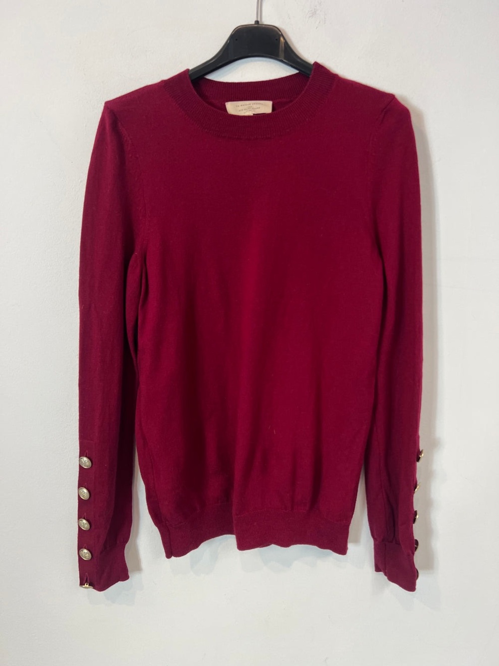 Sézane Merino Wool Sweater Burgundy Red Button Cuff Pullover Size XS